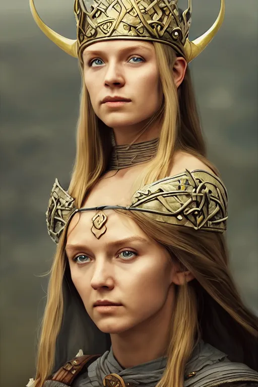 Image similar to Portrait of a Viking queen, wide angle, super highly detailed, professional digital painting, artstation, concept art, smooth, sharp focus, no blur, no dof, extreme illustration, Unreal Engine 5, Photorealism, HD quality, 8k resolution, cinema 4d, 3D, beautiful, cinematic, art by artgerm and greg rutkowski and alphonse mucha and loish and WLOP