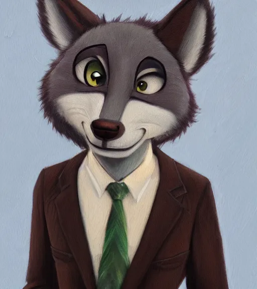 Image similar to oil painting of anthromorphic furry female wolf, in style of zootopia, female fursona, furry, furaffinity, 4 k, deviantart, furry art, fursona art, wearing black business suit, business suit, wolf fursona, female, tired expression,