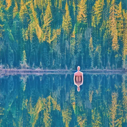 Prompt: meditating man hovering above a clear blue lake in a clearing in the middle of an evergreen forest at dawn