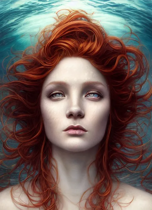 Image similar to goddess of the ocean!! portrait of a seductive redhead queen in underwater murky light, wind blown hair! fantasy esoteric, closeup, d & d, fantasy, intricate, elegant, highly detailed, digital painting, artstation, concept art, matte, sharp focus, illustration, art by artgerm and tom bagshaw and greg rutkowski and alphonse mucha