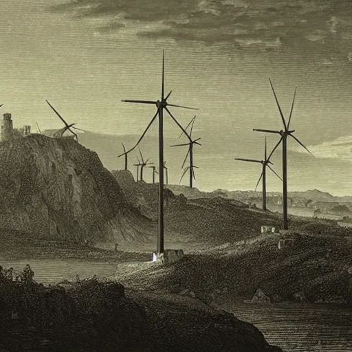 Image similar to landscape with windmills, gustave dore engraving