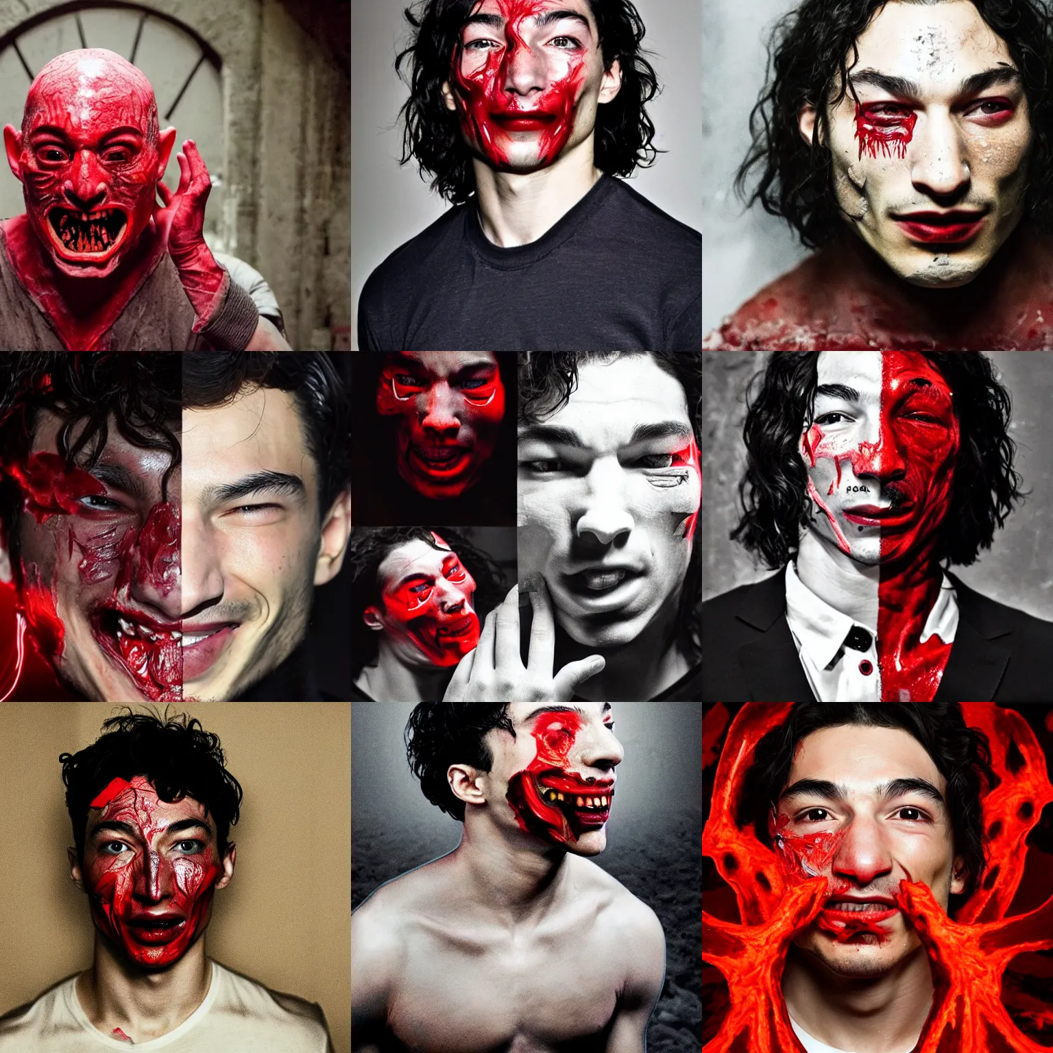 Prompt: Ezra Miller’s face peeling off to reveal a red grinning demon head. Inside a dark dungeon. Horror film.