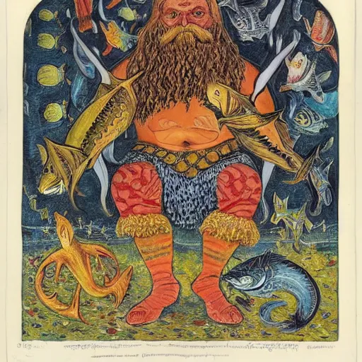 Prompt: lines by louis wain. a experimental art of a mythological scene. large, bearded man seated on a throne, surrounded by sea creatures. he has a trident in one hand & a shield in the other. behind him is a large fish. in front of him are two smaller creatures.