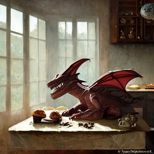 Prompt: prompt chocolate dragon, sleeping on the kitchen counter of a magical bakery, oil painting, by Fernanda Suarez and Edgar Maxence and greg rutkowski