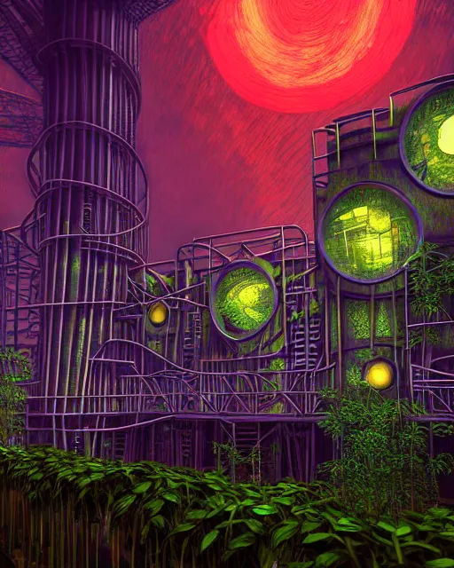 Image similar to industrial architecture by vincent van gogh, myst tron nature laser at night rainforest forest atlantis lightpaint infrared futuristic water neptune azeroth dramatic lighting vice city at dusk evil, archdaily, wallpaper, highly detailed, trending on artstation.