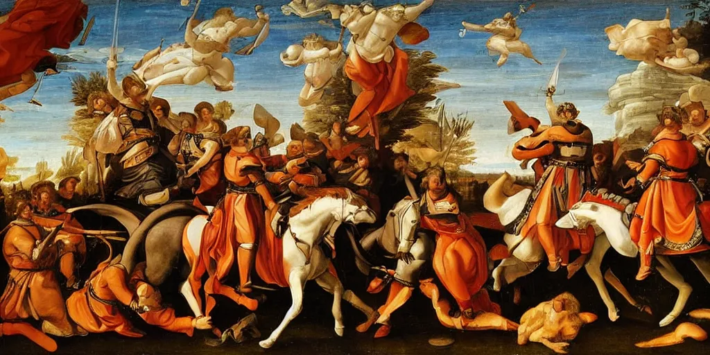 Image similar to renaissance-style painting of knights riding orcas instead of horses on a battlefield in Italy, very dramatic atmosphere,