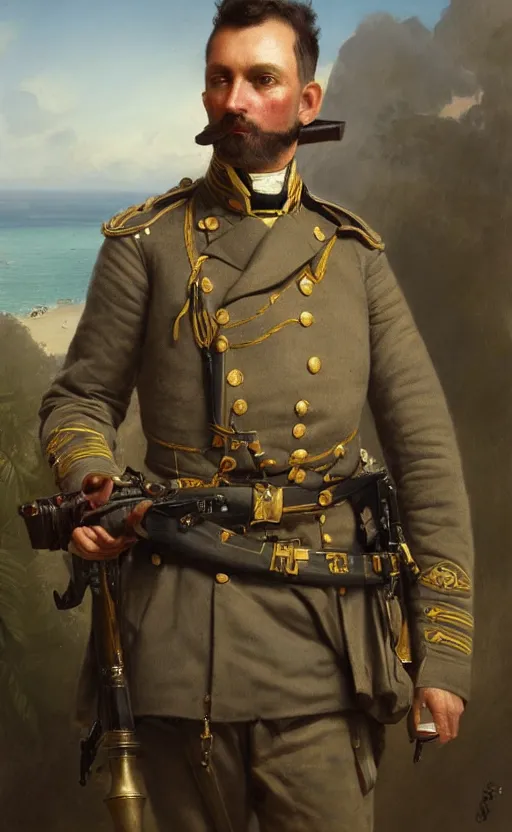 Image similar to Portrait of a victorian army officer overlooking a tropical island, male, detailed face, 19th century, highly detailed, cinematic lighting, digital art painting by greg rutkowski