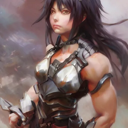 Prompt: muscular armored anime girl by daniel gerhartz, trending on art station