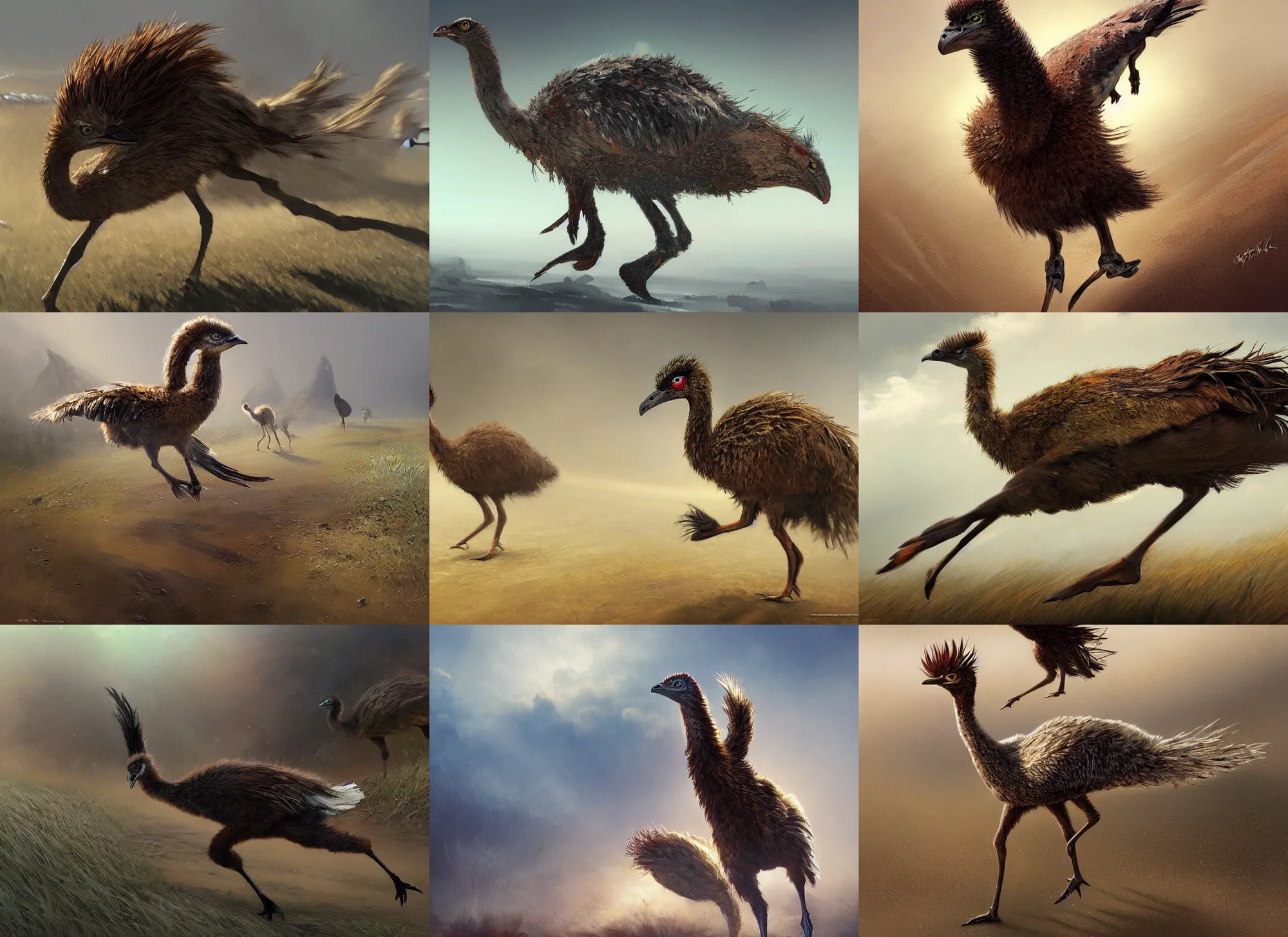 Prompt: emu running in steppes, intricate, elegant, highly detailed, digital painting, artstation, concept art, sharp focus, illustration, artgerm, rutkowski, mucha