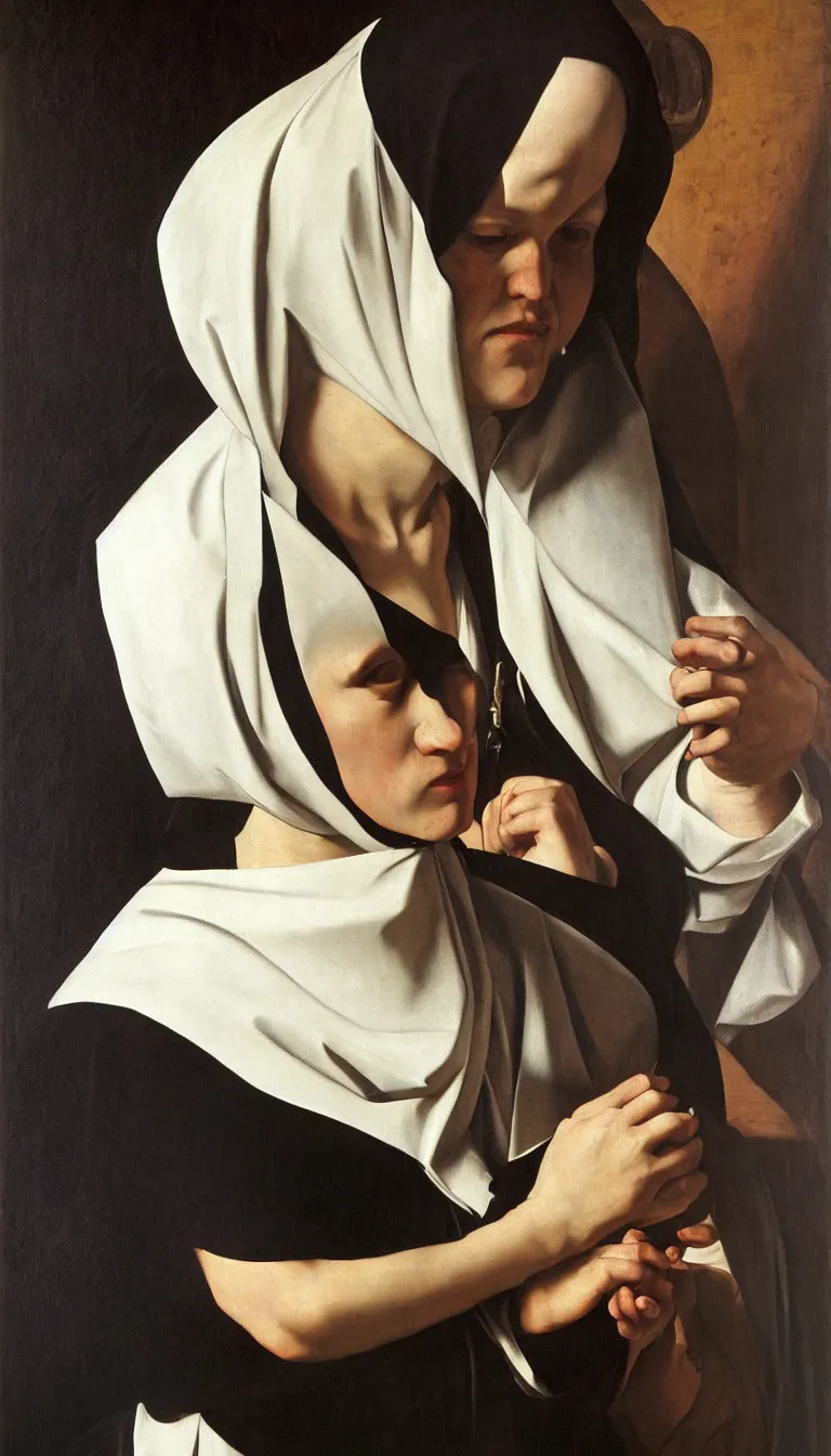 Prompt: a very detailed oil painting of the nun sainte claire wearing clarise habit, half body, by caravaggio