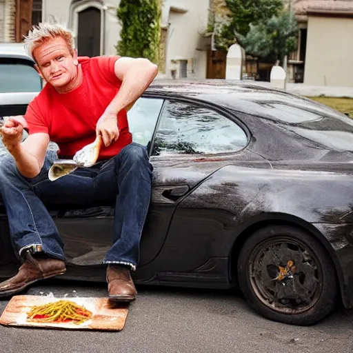 Prompt: gordon ramsey eating spaghetti off the hood of a car