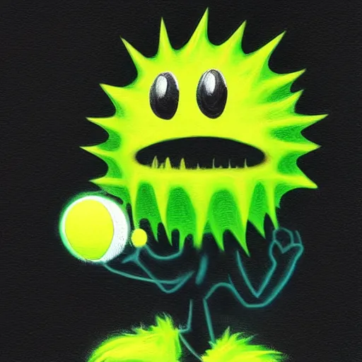 Image similar to a tennis ball monster, tennis ball, dark, chalky, mickey mouse, digital art, fantasy, magic, trending on artstation, ultra detailed, professional illustration by Basil Gogos