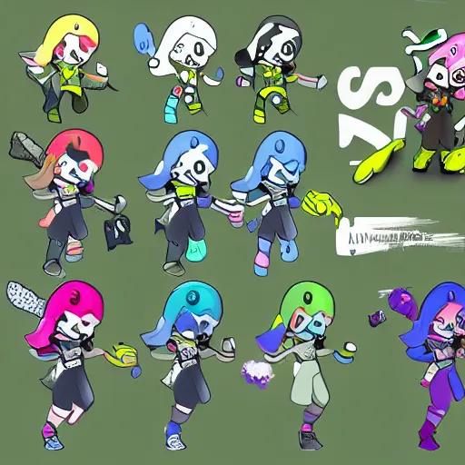 Prompt: Splatoon character concept art, colored lineart, character reference sheet