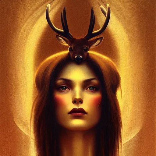 Image similar to a dramatic portrait of a woman showing affection to deer, cinematic lighting, symmetric face by karol bak, christopher balaskas