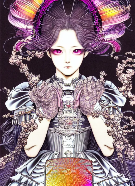 Image similar to highly detailed terada katsuya atrstation manga poster of princess mechine, face by aregerm, rainbow gradient reflection, ayami kojima, long hair, armor, dress, laces, ruffles, 8 k, maximalist, takato yamamoto