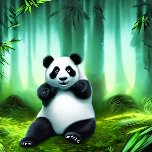 Image similar to a panda in the forest of bioluminescent mushroom ,realistic ,magical forest, 8k , digital art ,