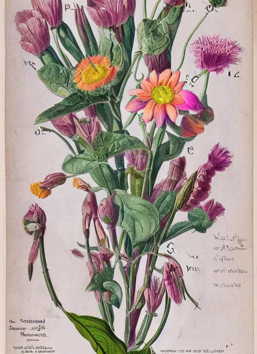 Image similar to fantasy scientific botanical illustration of colorful flower with a large, smiling mouth as a flower