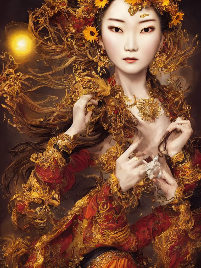 Image similar to Character portrait of the Sunflower Goddess, a Chinese female deity who brings joy and light. Insanely nice professional hair style, dramatic hair color, digital painting of a old 17th century, amber jewels, baroque, ornate clothing, sci-fi, dark smoke background, flames, very realistic, chiaroscuro, art by Franz Hals and Jon Foster and Ayami Kojima and Amano and Karol Bal.