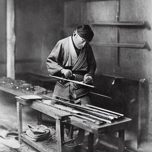 Prompt: Portrait of a 19th century Japanese man forging an elongated metal plate at a Kyoto knifemaker workshop, 1900s photography