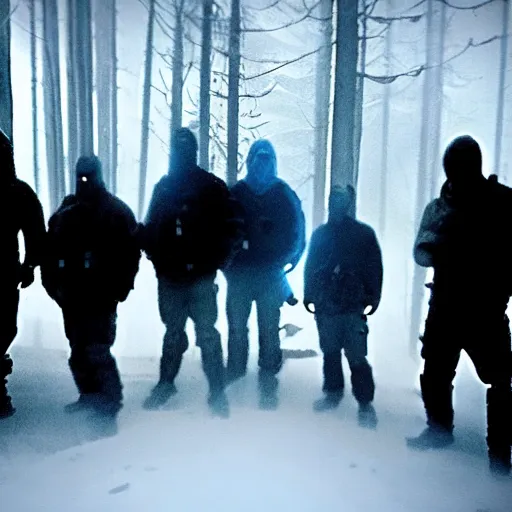 Image similar to low quality iphone photo of the payday 2 videogame crew standing ominously deep in the foggy woods low visibility creepy, grainy, trail cam footage