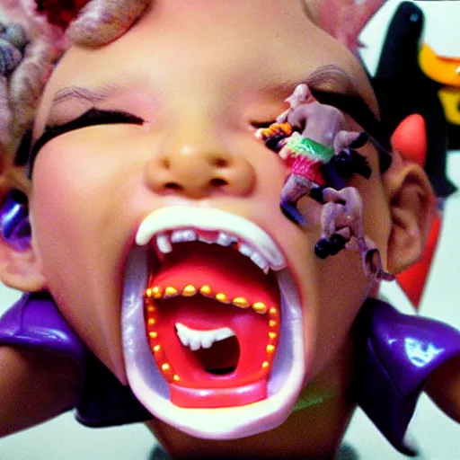 Image similar to crazy toy Pop Figure characterdesign, screaming with drooling mouth open happy, in a Studio by David lachapelle, 90s