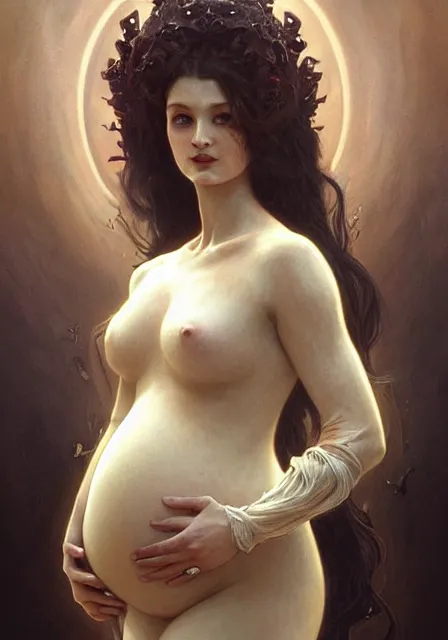 Image similar to pregnant sansa creepy monster, intricate, elegant, highly detailed, digital painting, artstation, concept art, smooth, sharp focus, illustration, art by artgerm and greg rutkowski and alphonse mucha and william - adolphe bouguereau