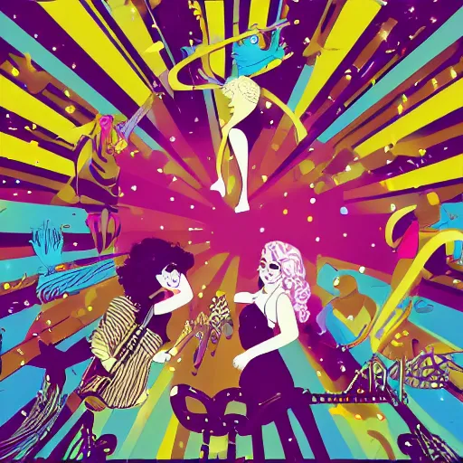 Image similar to illustration of a pop rock music group named'shiny souls'with two woman singers with blonde hair and one woman singer with brown curly hair singing in front of the crowd, aerial view, digital art