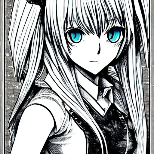 Prompt: hatsune miku by Kentaro Miura, black and white, highly detailed