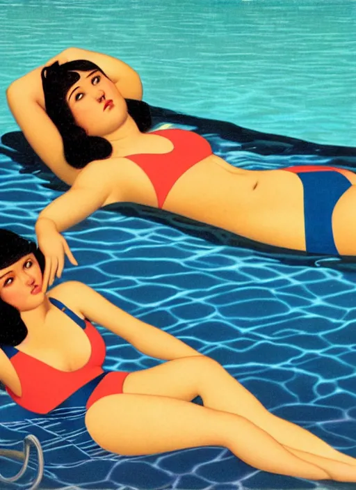 Image similar to portrait of a girl, in retro swimsuit, lying by the pool, minimalist oil painting by john godward, cheng, hsiao - ron, flat colors, beautiful lightning, sharp