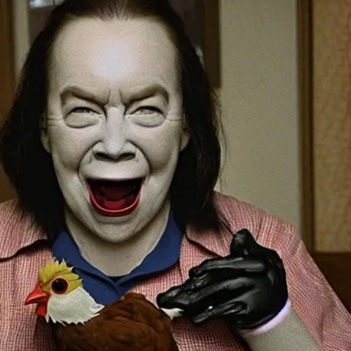 Image similar to an anthropomorphic chicken as annie wilkes from misery