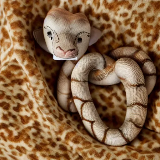 Prompt: baby snake wearing fake giraffe ossicones, tucked into its little bed, highly detailed, high definition, ultra realistic, soft focus