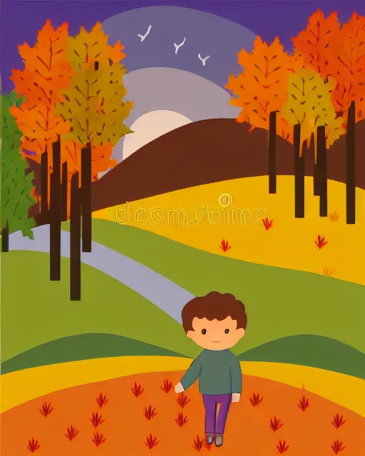 Prompt: autumn hillside boy hiking illustration light color