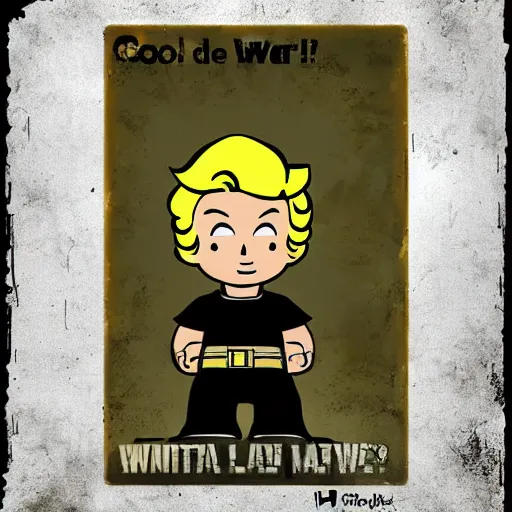 Image similar to digital art cold war poster of vault boy from fallout 3 game,