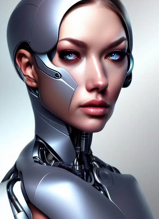 Prompt: portrait of a cyborg woman by Artgerm (face in profile +1500), biomechanical, hyper detailled, trending on artstation