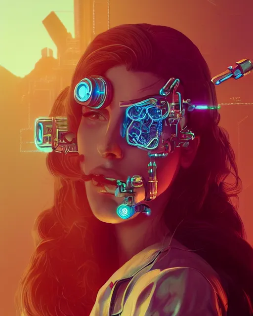 Image similar to portrait of lana del rey as a cyberpunk cyborg. roses, sci - fi, missing panels, intricate abstract upper body intricate artwork, by tooth wu, wlop, beeple, dan mumford. concept art, octane render, deviantart, greg rutkowski, cinematic, key art, hyperrealism, iridescent accents