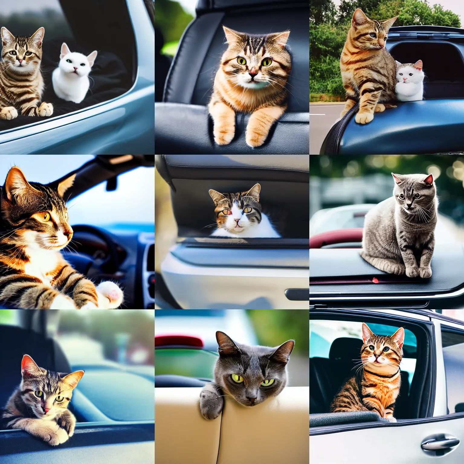 Prompt: cat on back seat of a car, enjoys travelling,