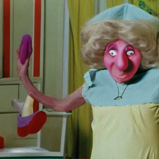 Image similar to Still from a live-action children's tv show about an old lady dressed as a nose with enormous feet, technicolor 1973
