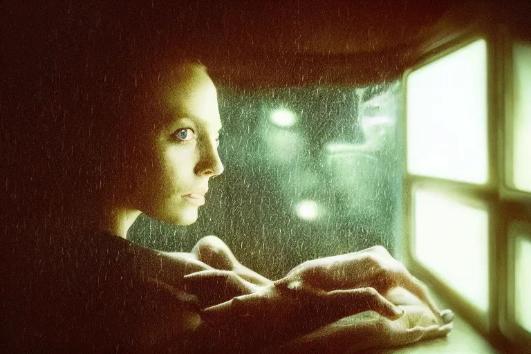 Prompt: a cinematic painting of an alien creature inside of spaceship looking out of a small rainy window, beautiful lighting, high depth, ultra realistic, artistic, by annie leibovitz and zack snyder