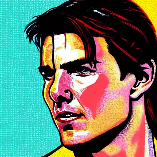 Prompt: portrait pop art comic illustration of Tom Cruise, profile view, bright colors, high detail