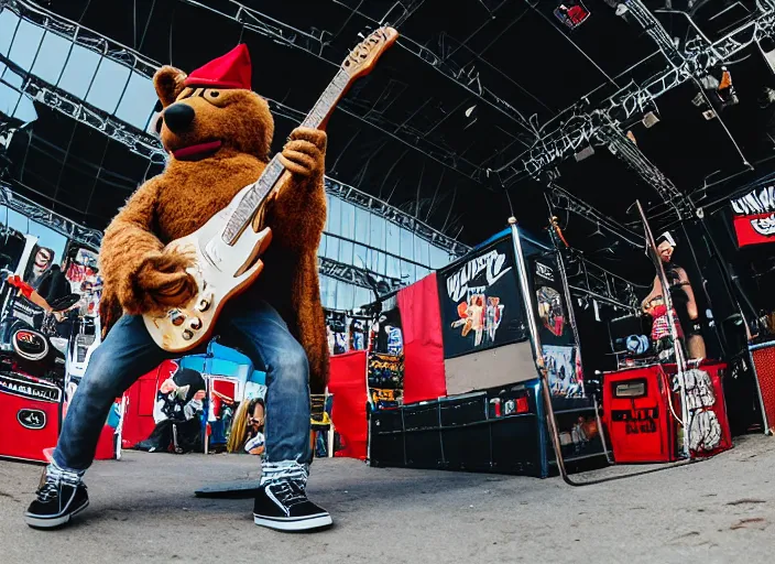 Image similar to photo still of mcgruff the crime dog on stage at vans warped tour!!!!!!!! at age 3 3 years old 3 3 years of age!!!!!!!! shredding on guitar, 8 k, 8 5 mm f 1. 8, studio lighting, rim light, right side key light