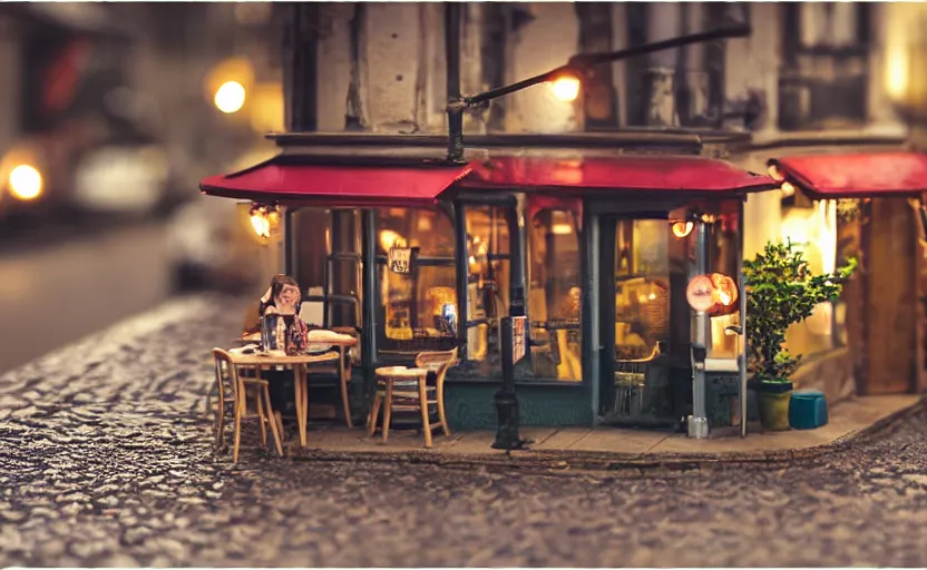 Prompt: miniature cafe dusk diorama macro photography, cafe for mice, alleyway, ambient, atmospheric, british, bokeh, romantic