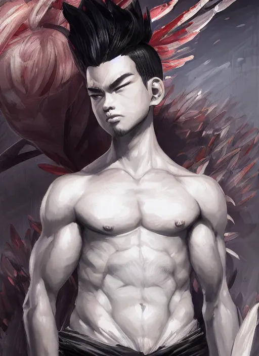 Prompt: a highly detailed illustration of fierce short white haired parted through the middle young attractive asian man, wearing hakama, with black sclera eyes, heroically posing, muscular, intricate, elegant, highly detailed, centered, digital painting, artstation, concept art, smooth, sharp focus, league of legends concept art, WLOP