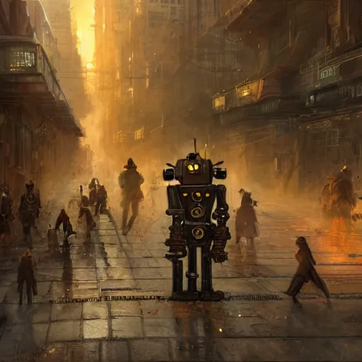 Prompt: A steampunk robot wandering in a dystopian city, crowd passing by, at dawn, digital art, 4k, hdr, cinematic lighting, James Gurney, Craig Mullins