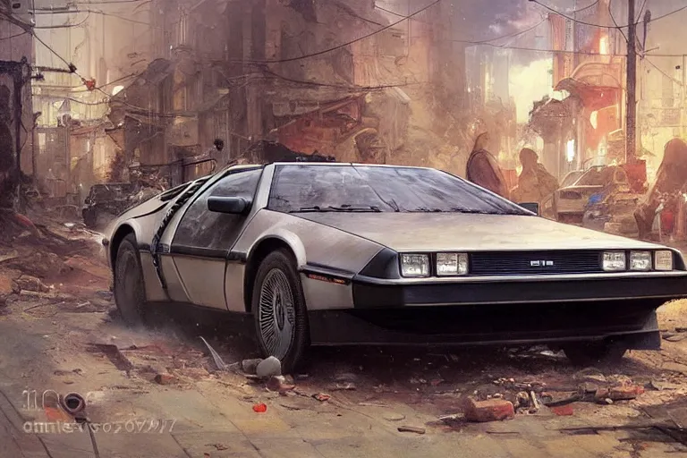 Image similar to photograph of the delorean driving down the streets of a cyberpunk abandoned city, by greg rutkowski, by stanley artgerm, by alphonse mucha