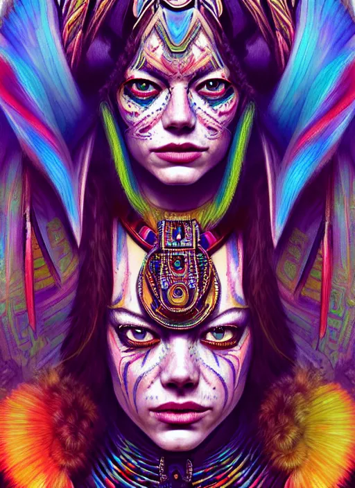 Image similar to portrait of emma stone, hyper detailed ultra sharp aztec shaman warrior. trending on artstation, warpaint aesthetic, bloodwave, colorful, psychedelic, ornate, intricate, digital painting, concept art, smooth, sharp focus, illustration, art by artgerm and greg rutkowski and h. r. giger, 8 k