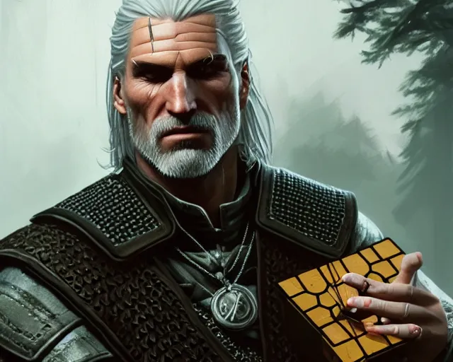 Image similar to 5 5 mm portrait photo of geralt trying to solve a rubix cube. magical atmosphere. art by greg rutkowski. highly detailed 8 k. intricate. lifelike. soft light. nikon d 8 5 0.