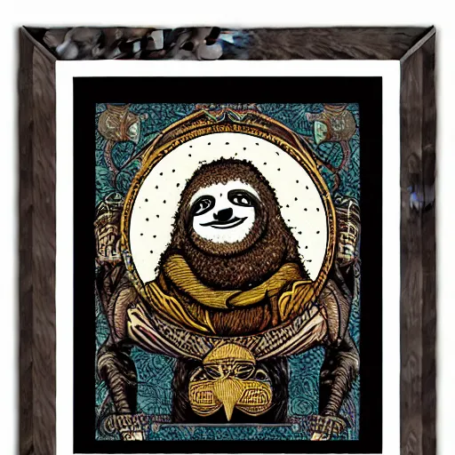 Image similar to sloth as the king of cups, framed, intricate details, medieval art style, high contrast, posterized