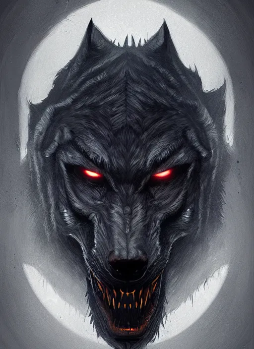 Image similar to symmetry!! portrait of dark grey werewolf, horror, night time lighting, intricate, scary, highly detailed, digital painting, artstation, concept art, smooth, sharp focus, illustration, art by greg rutkowski