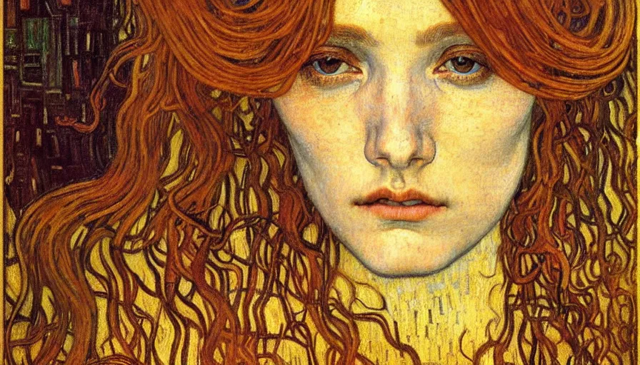 Image similar to detailed realistic beautiful young medieval queen face portrait by jean delville, gustav klimt and vincent van gogh, art nouveau, symbolist, visionary, gothic, pre - raphaelite, muted earthy colors, desaturated