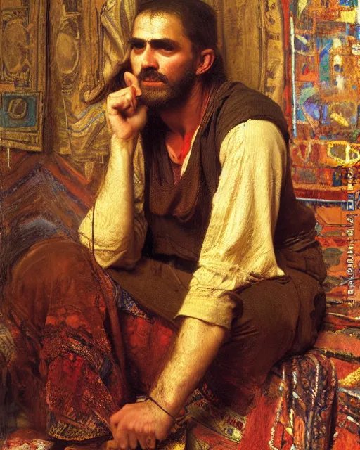 Image similar to a an exhausted artist in his studio orientalist intricate portrait by john william waterhouse and edwin longsden long and theodore ralli and nasreddine dinet, oil on canvas. cinematic, hyper realism, dramatic lighting, high detail 8 k